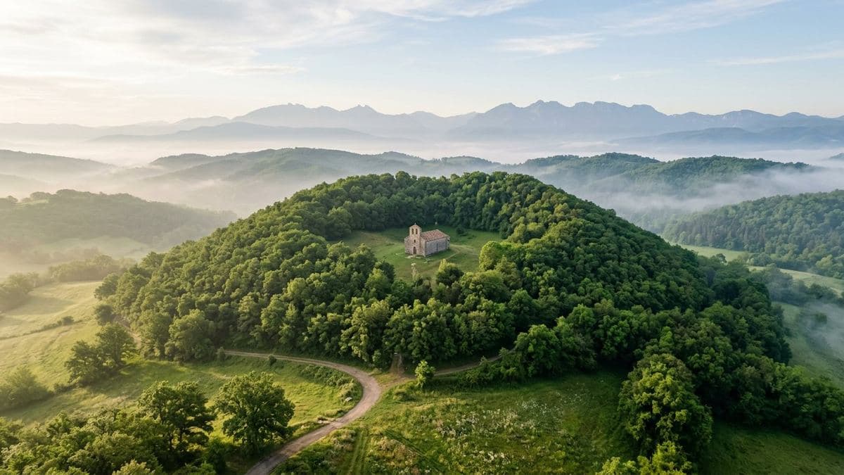 Cono volcanico verde con ermita en la Garrotxa